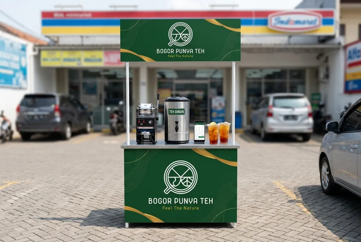 Booth portable resmi kemitraan Bogor Punya Teh 10 Juta