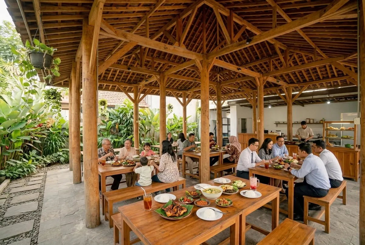 Keluarga makan bersama di pendopo Kedai Pecak Bang Boy